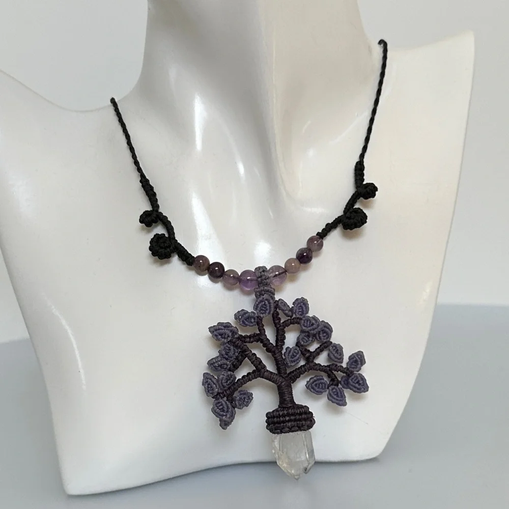 Jade white amethyst Purple art made Tree of Life Necklace made in france